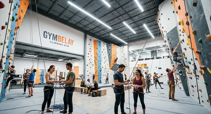 Busy climbing gym with staff and members