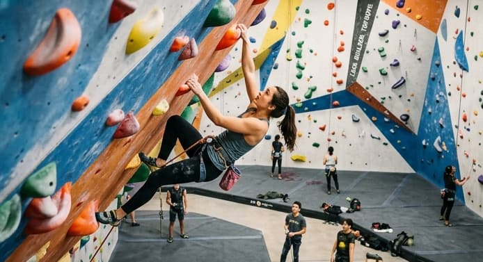 Climber on a colorful bouldering wall